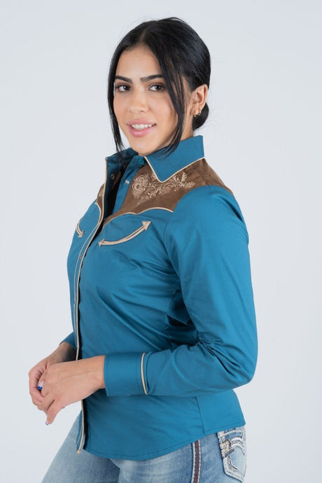 Ladies Cotton Blue Embroidery Western Shirt With Suede - Platini Fashion