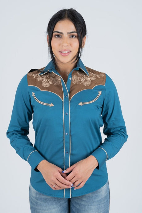 Ladies Cotton Blue Embroidery Western Shirt With Suede - Platini Fashion