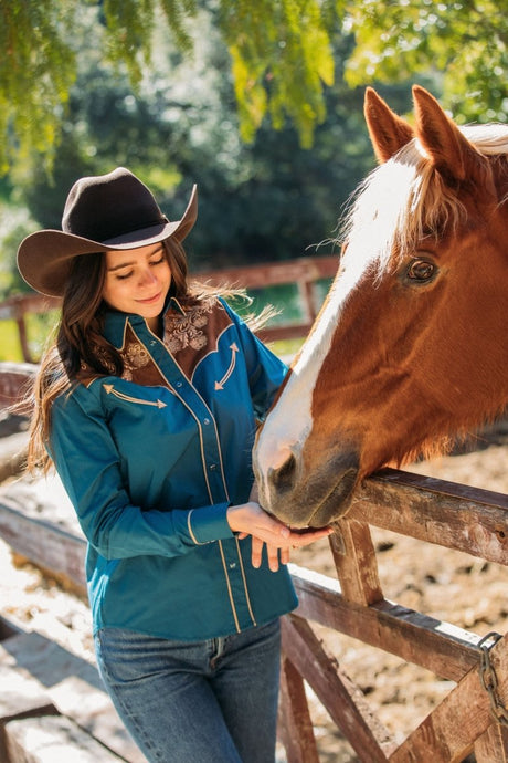 Ladies Cotton Blue Embroidery Western Shirt With Suede - Platini Fashion