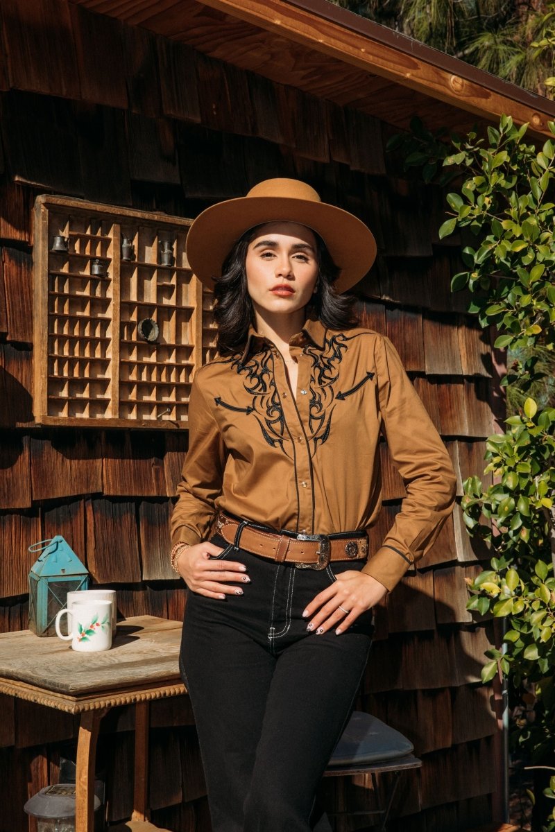 Ladies Cotton Camel Embroidery Western Shirt - Platini Fashion