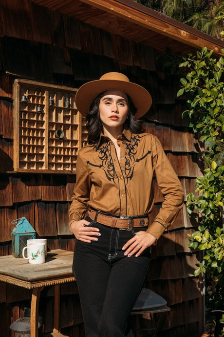 Ladies Cotton Camel Embroidery Western Shirt - Platini Fashion