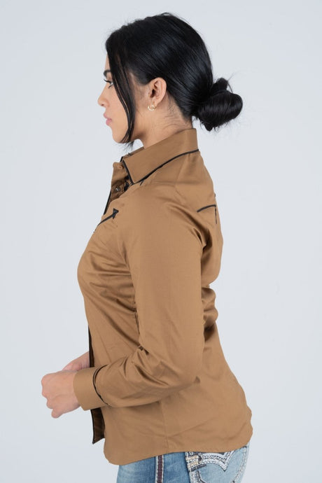 Ladies Cotton Camel Embroidery Western Shirt - Platini Fashion