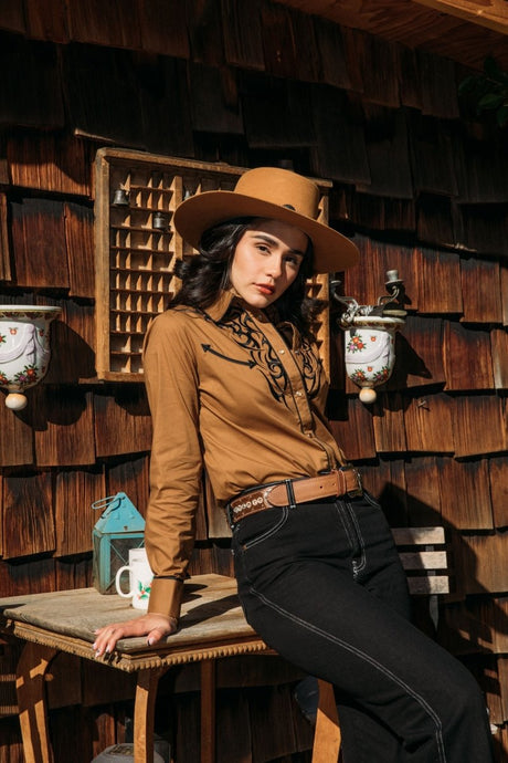 Ladies Cotton Camel Embroidery Western Shirt - Platini Fashion