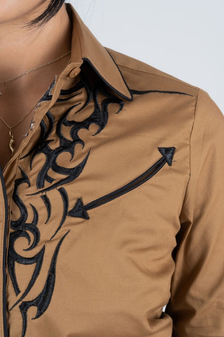 Ladies Cotton Camel Embroidery Western Shirt - Platini Fashion