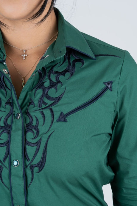 Ladies Cotton Green Embroidery Western Shirt - Platini Fashion