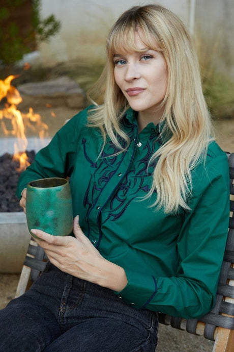 Ladies Cotton Green Embroidery Western Shirt - Platini Fashion