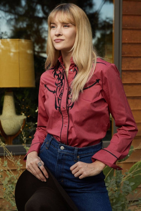 Ladies Cotton Pink Embroidery Western Shirt - Platini Fashion