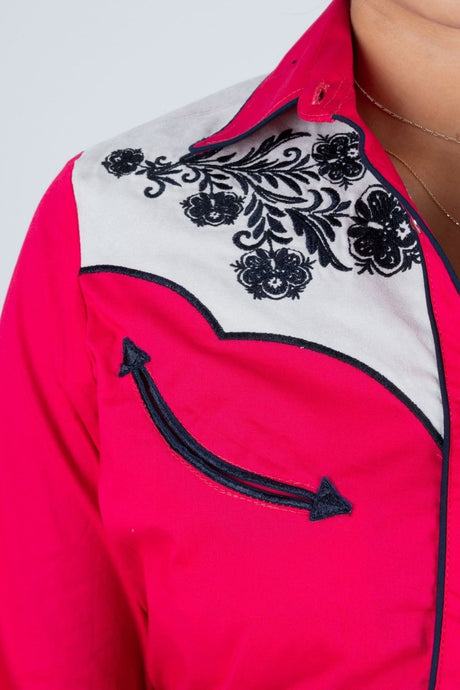 Ladies Cotton Red Embroidery Western Shirt With Suede - Platini Fashion