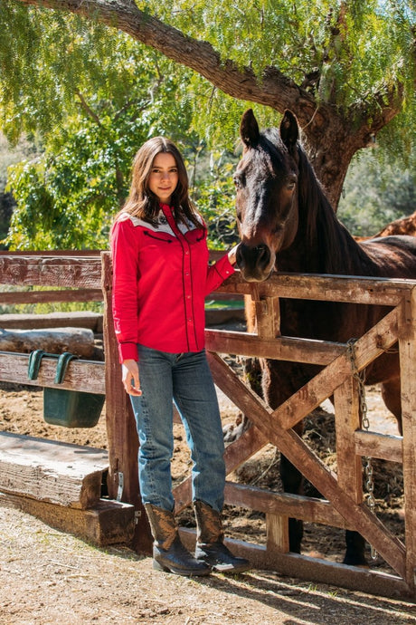 Ladies Cotton Red Embroidery Western Shirt With Suede - Platini Fashion