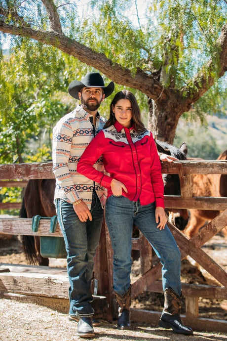 Ladies Cotton Red Embroidery Western Shirt With Suede - Platini Fashion