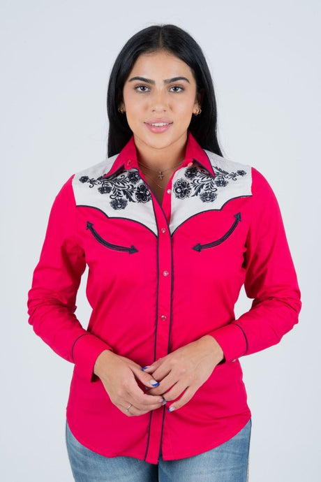 Ladies Cotton Red Embroidery Western Shirt With Suede - Platini Fashion