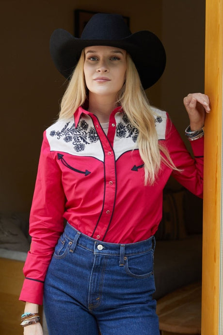 Ladies Cotton Red Embroidery Western Shirt With Suede - Platini Fashion