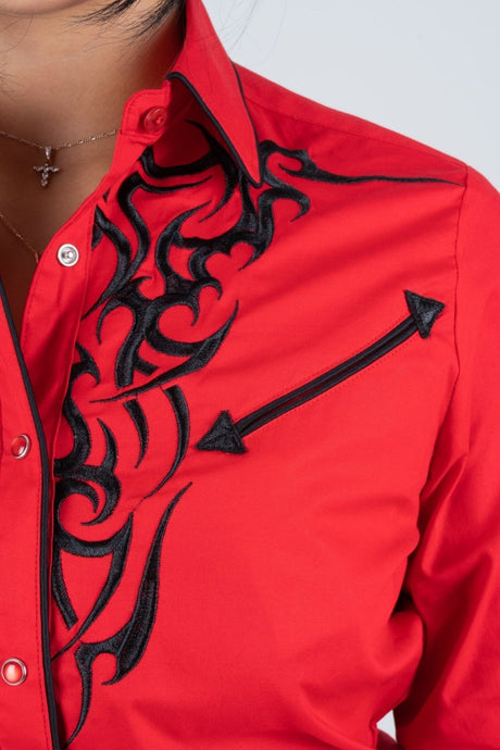 Ladies Cotton Red Embroidery Western Shirt - Platini Fashion