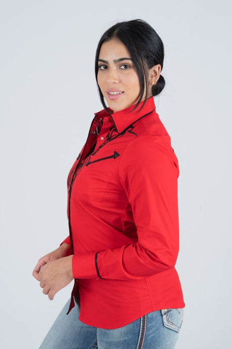 Ladies Cotton Red Embroidery Western Shirt - Platini Fashion