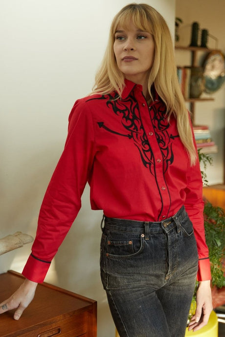 Ladies Cotton Red Embroidery Western Shirt - Platini Fashion