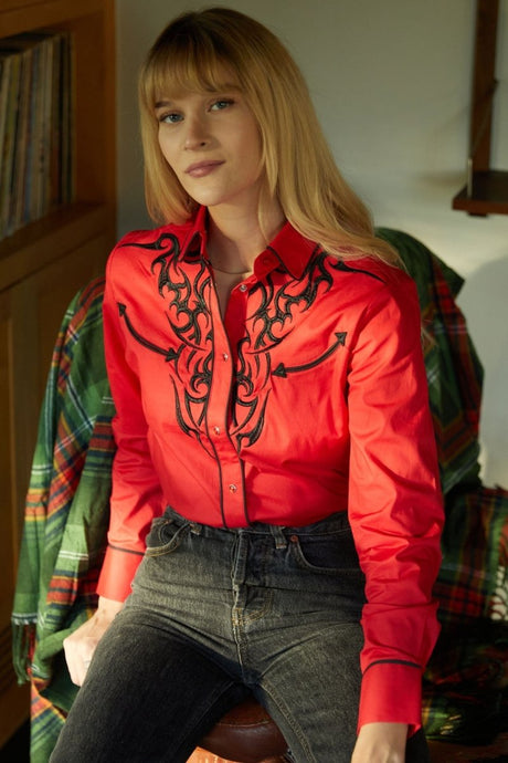 Ladies Cotton Red Embroidery Western Shirt - Platini Fashion