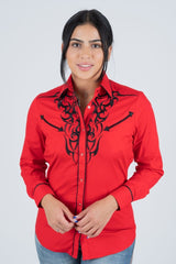 Ladies Cotton Red Embroidery Western Shirt - Platini Fashion