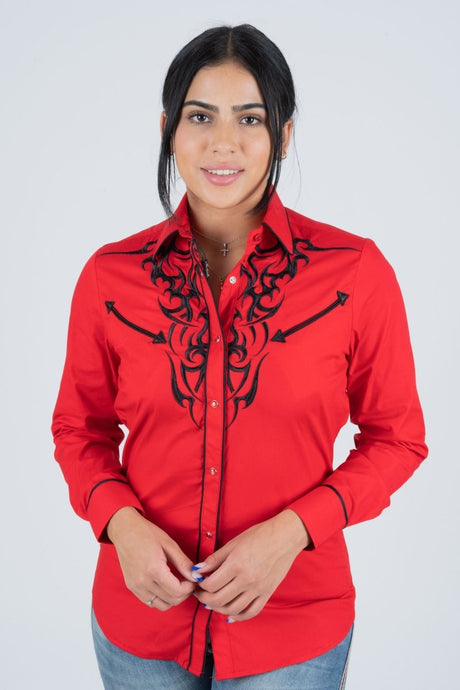 Ladies Cotton Red Embroidery Western Shirt - Platini Fashion