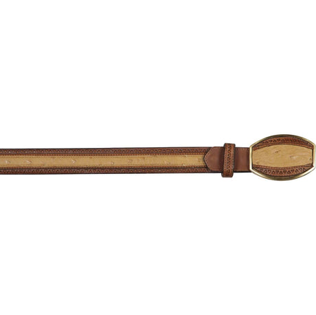 Genuine Ostrich Casual Belt laser design Antique Saddle - Los Altos Boots - Front View