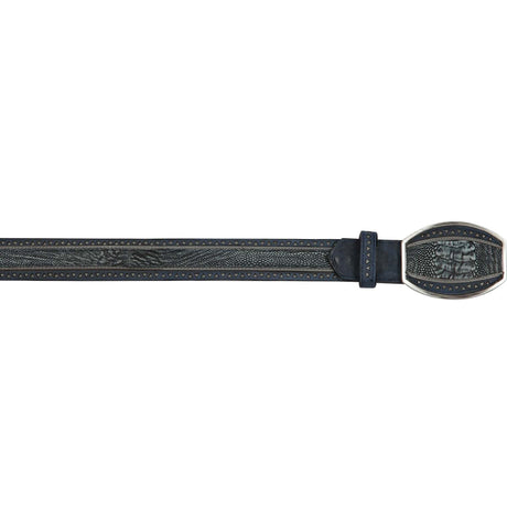 Genuine Ostrich Leg Casual Belt laser design Rustic Blue - Los Altos Boots - Front View