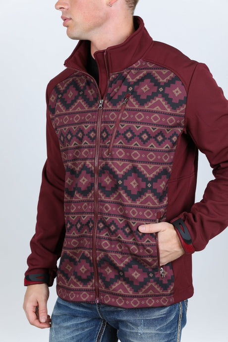 Mens Aztec Softshell Water - Resistant Jacket - Burgundy - Platini Fashion