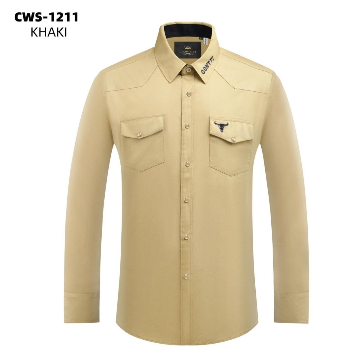 Men's Button Down Shirt with Embroidered Long Horn Design Contti- 1210 - L Olive