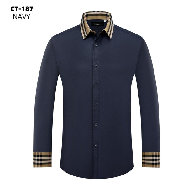 slim fit dress slacks Men's Button Down Shirt with Plaid Collar