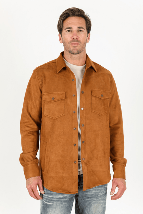 Men's Camel Faux Suede Overshirt - Platini Fashion