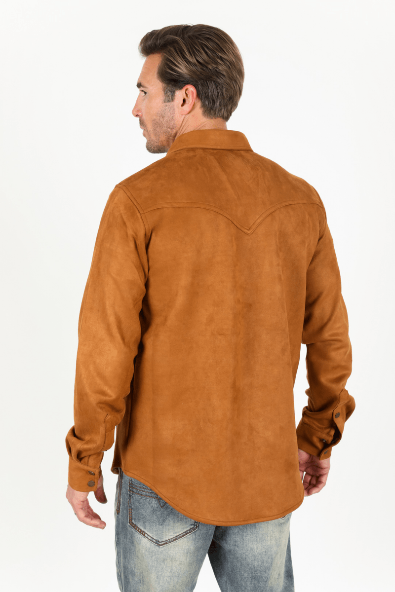 Men's Camel Faux Suede Overshirt - Platini Fashion