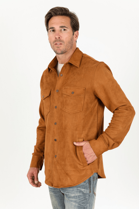 Men's Camel Faux Suede Overshirt - Platini Fashion
