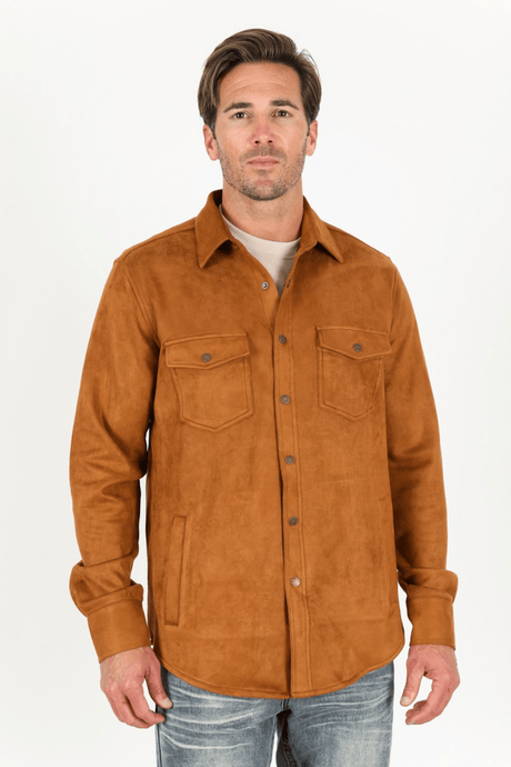 Men's Camel Faux Suede Overshirt - Platini Fashion