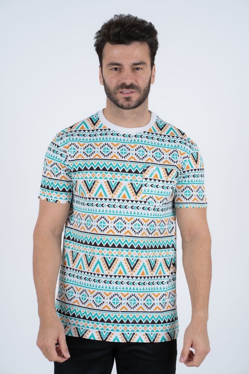 Men's Cotton White Aztec Print T-shirt - Platini Fashion