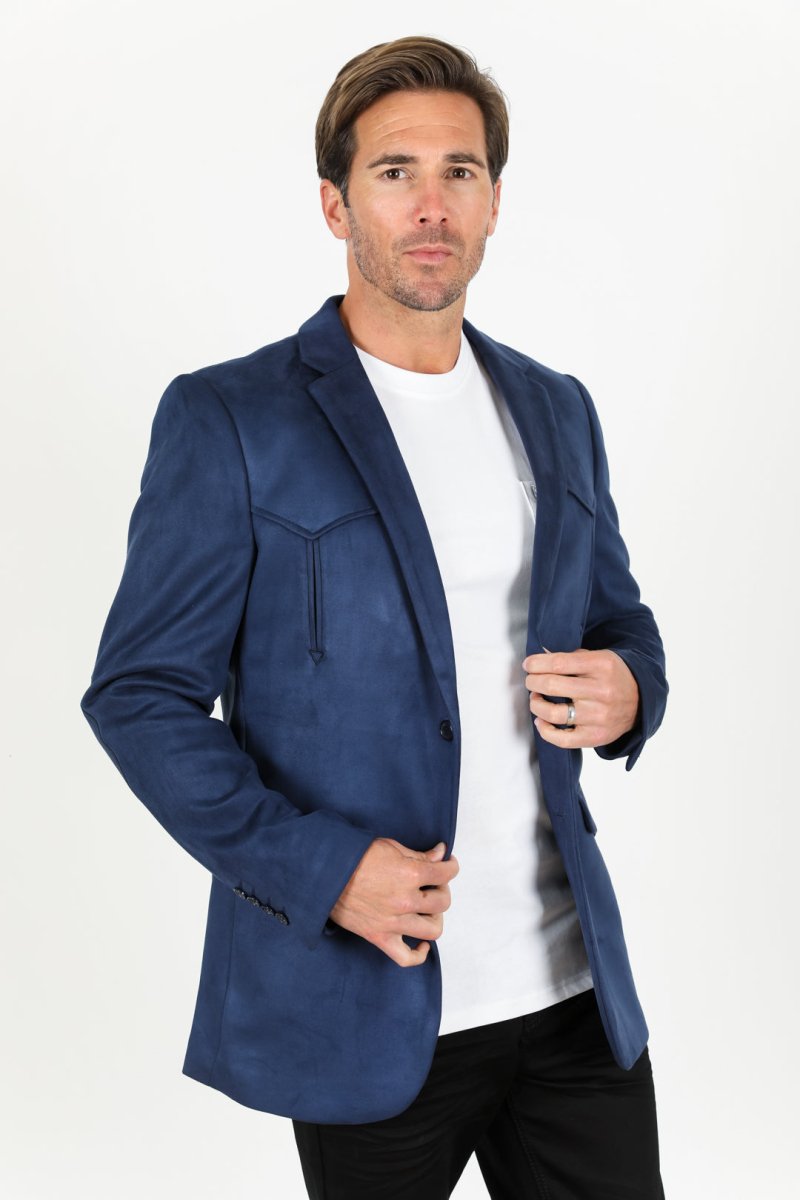Men's Double Button Faux - Suede Blazer - Navy - Platini Fashion