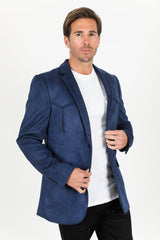 Men's Double Button Faux - Suede Blazer - Navy - Platini Fashion
