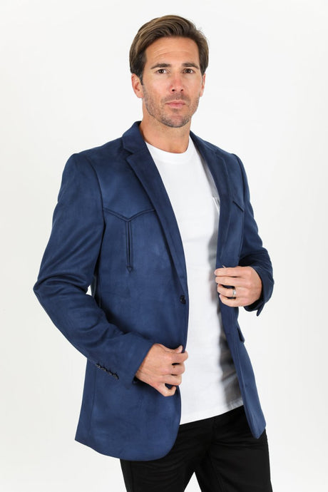 Men's Double Button Faux - Suede Blazer - Navy - Platini Fashion