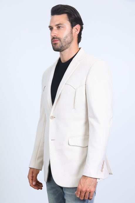 Men's Double Button Faux - Suede Blazer - Off White - Platini Fashion
