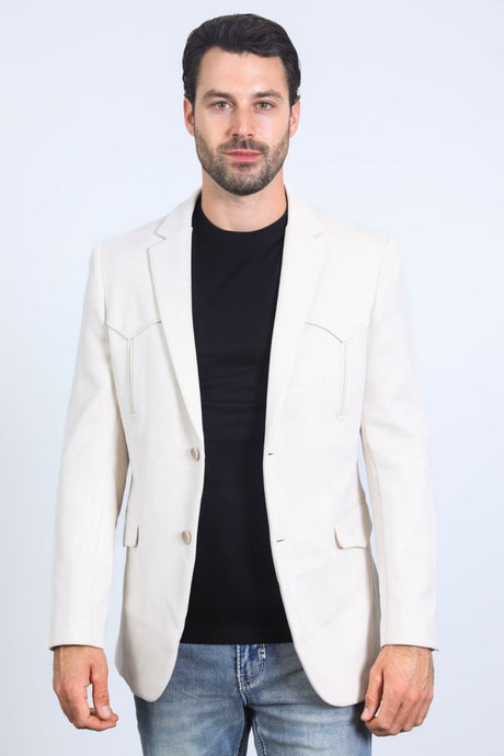 Men's Double Button Faux - Suede Blazer - Off White - Platini Fashion