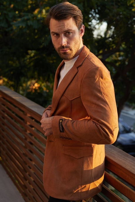 Men's Double Button Faux - Suede Blazer - Platini Fashion