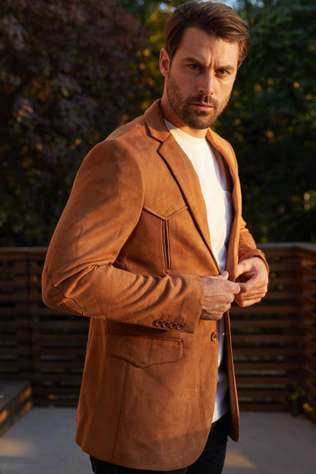 Men's Double Button Faux - Suede Blazer - Platini Fashion