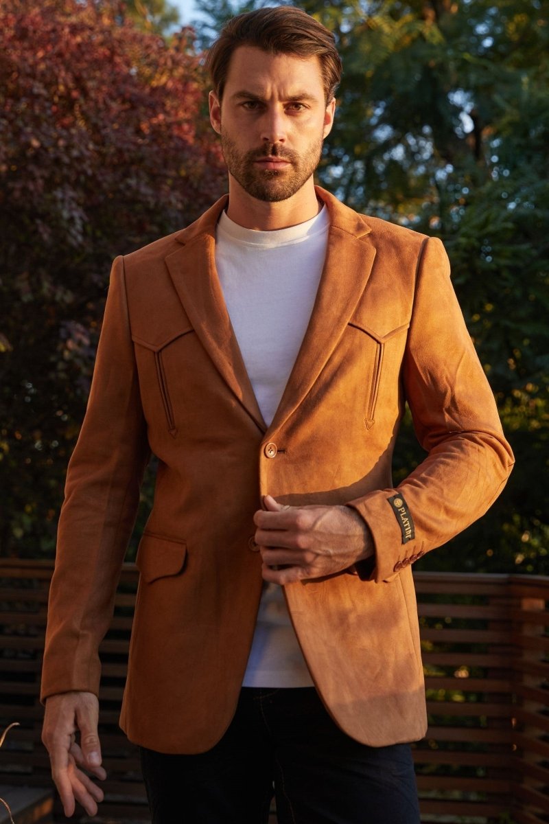 Men's Double Button Faux - Suede Blazer - Platini Fashion