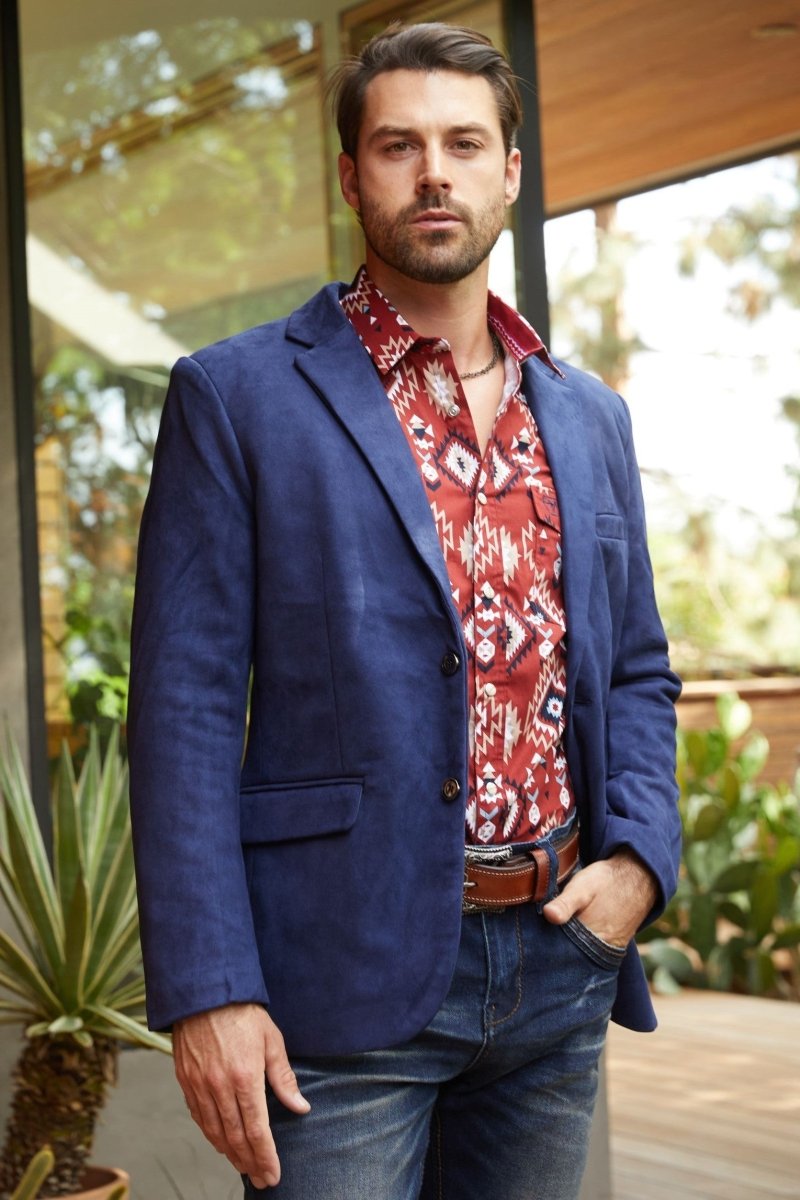 Men's Double Button Navy Faux - Suede Blazer - Platini Fashion