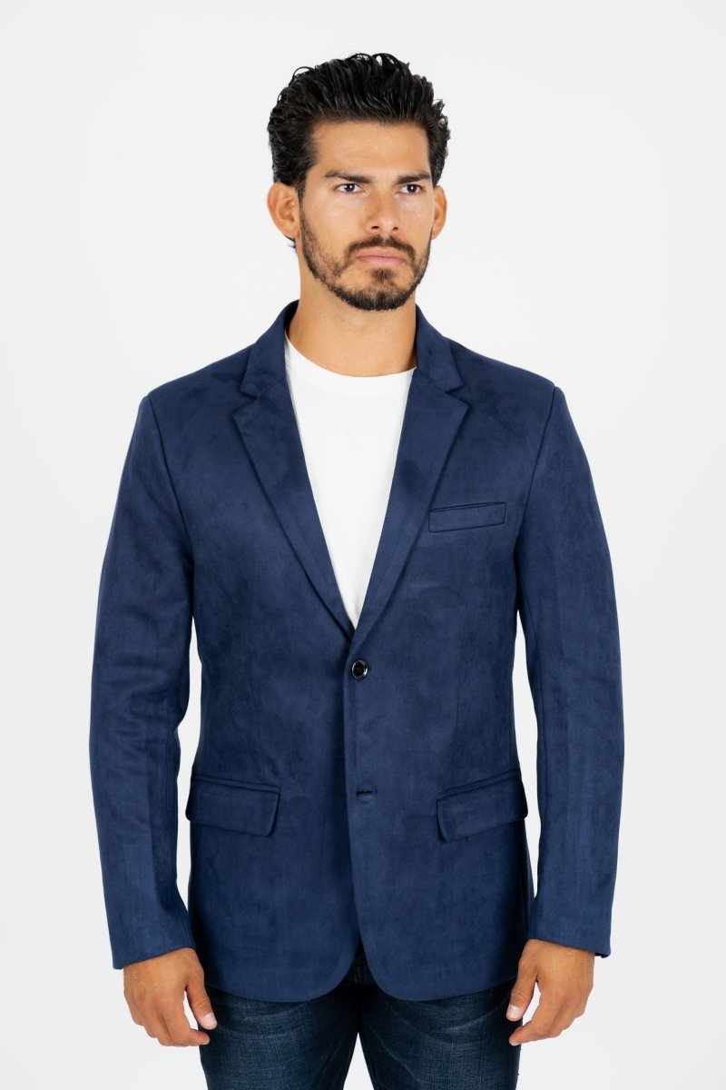 Men's Double Button Navy Faux - Suede Blazer - Platini Fashion