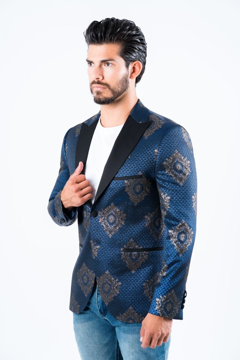 Men's Double Button Navy Woven Printed Blazer - Platini Fashion