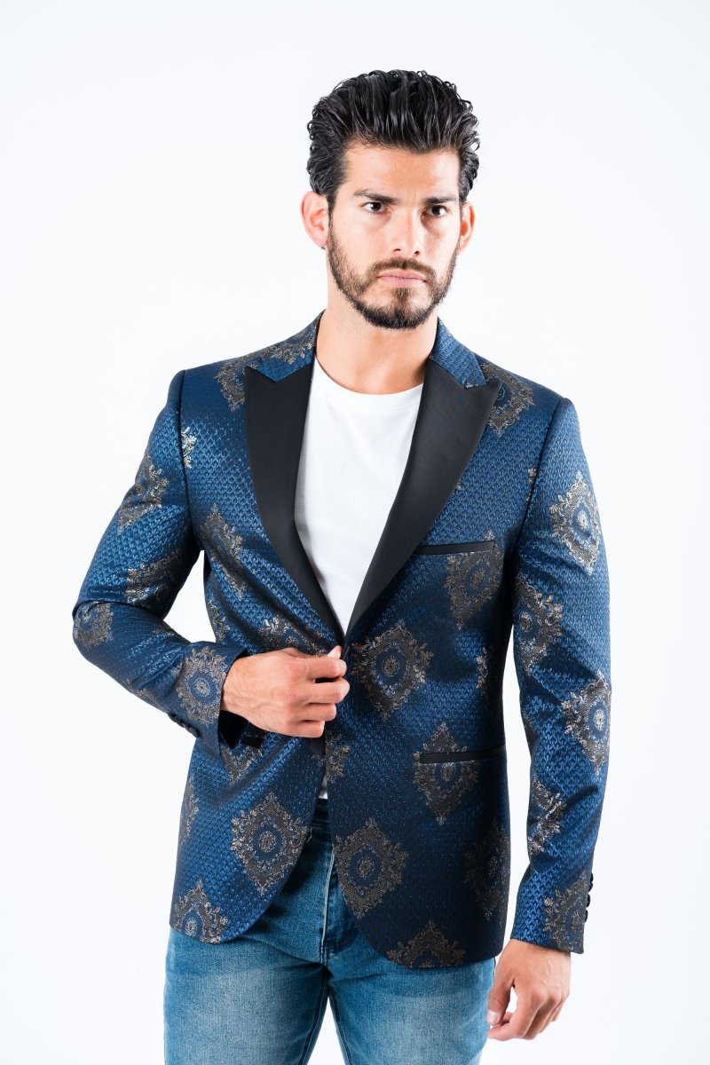 Men's Double Button Navy Woven Printed Blazer - Platini Fashion
