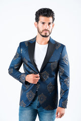 Men's Double Button Navy Woven Printed Blazer - Platini Fashion