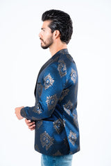 Men's Double Button Navy Woven Printed Blazer - Platini Fashion