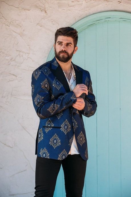 Men's Double Button Navy Woven Printed Blazer - Platini Fashion