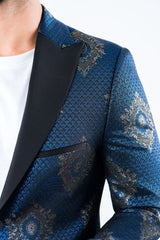 Men's Double Button Navy Woven Printed Blazer - Platini Fashion