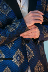 Men's Double Button Navy Woven Printed Blazer - Platini Fashion