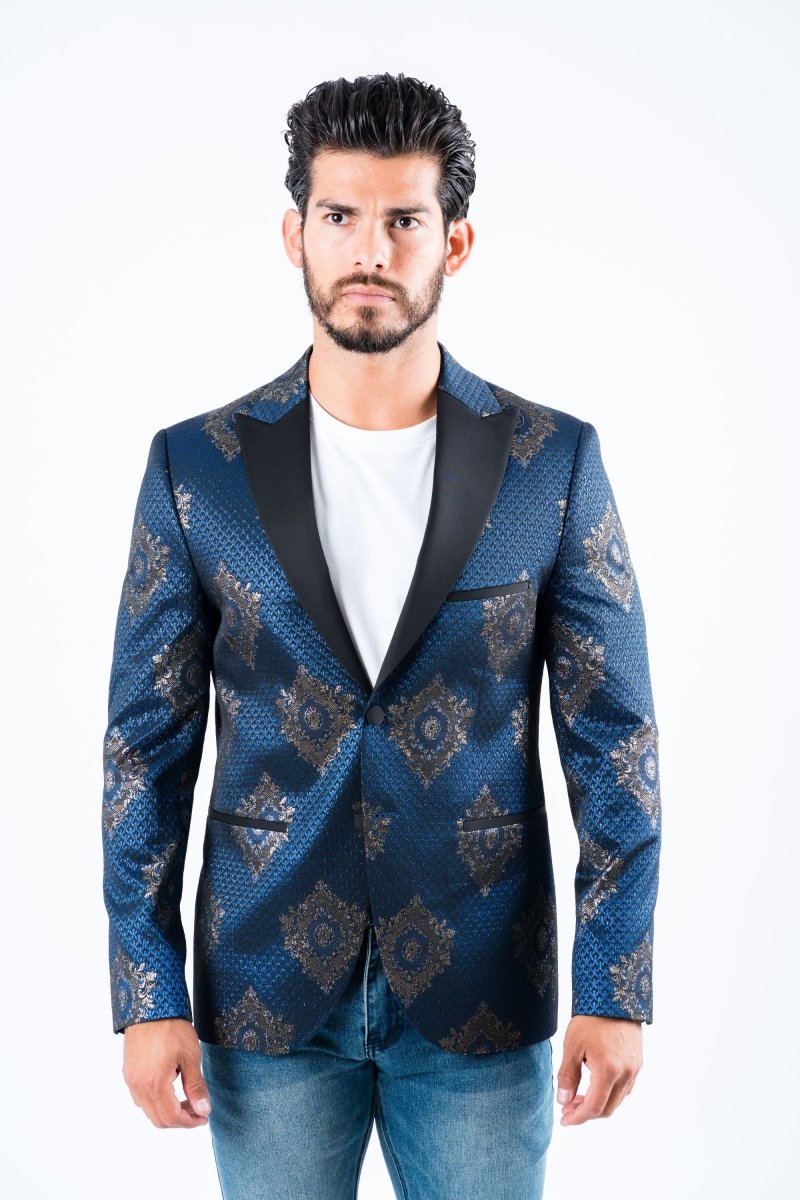 Men's Double Button Navy Woven Printed Blazer - Platini Fashion